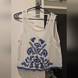 White and Blue Embroidered Women's Top